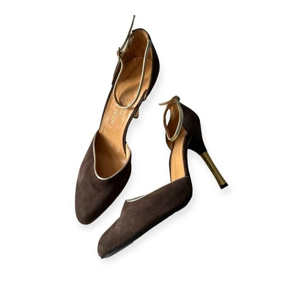 Charles Jourdan Brown Suede Ankle Strap Pumps With  Gold Metal Heel, Size 8 1/2 - Picture 1 of 15